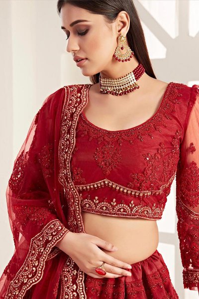 Ravishing Red Zari Embroidered Bridal Wear Lehenga