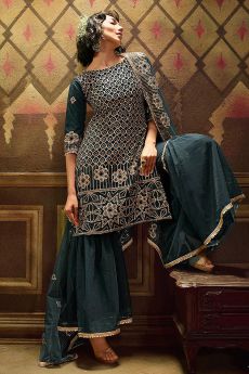 Dark Teal Sequin Embellished Net Sharara Suits