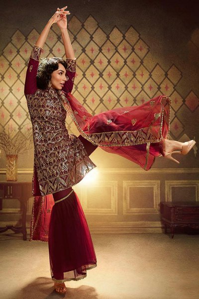 Crimson Sequin Embellished Net Sharara Suit