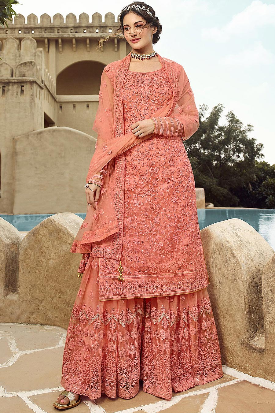 Peach Net Resham Embroidered Sharara Suit with Sequin Detailing