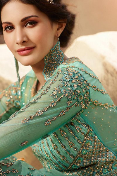 Mint Green Zari Embroidered Flared Palazzo Suit
