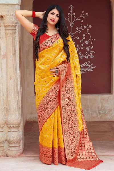 Yellow and Red Party Wear Banarasi Silk Saree