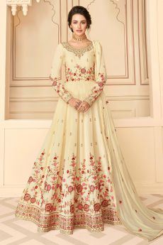 Party Wear Silk Anarkali in Cream with Beautiful Floral Zari Embroidery