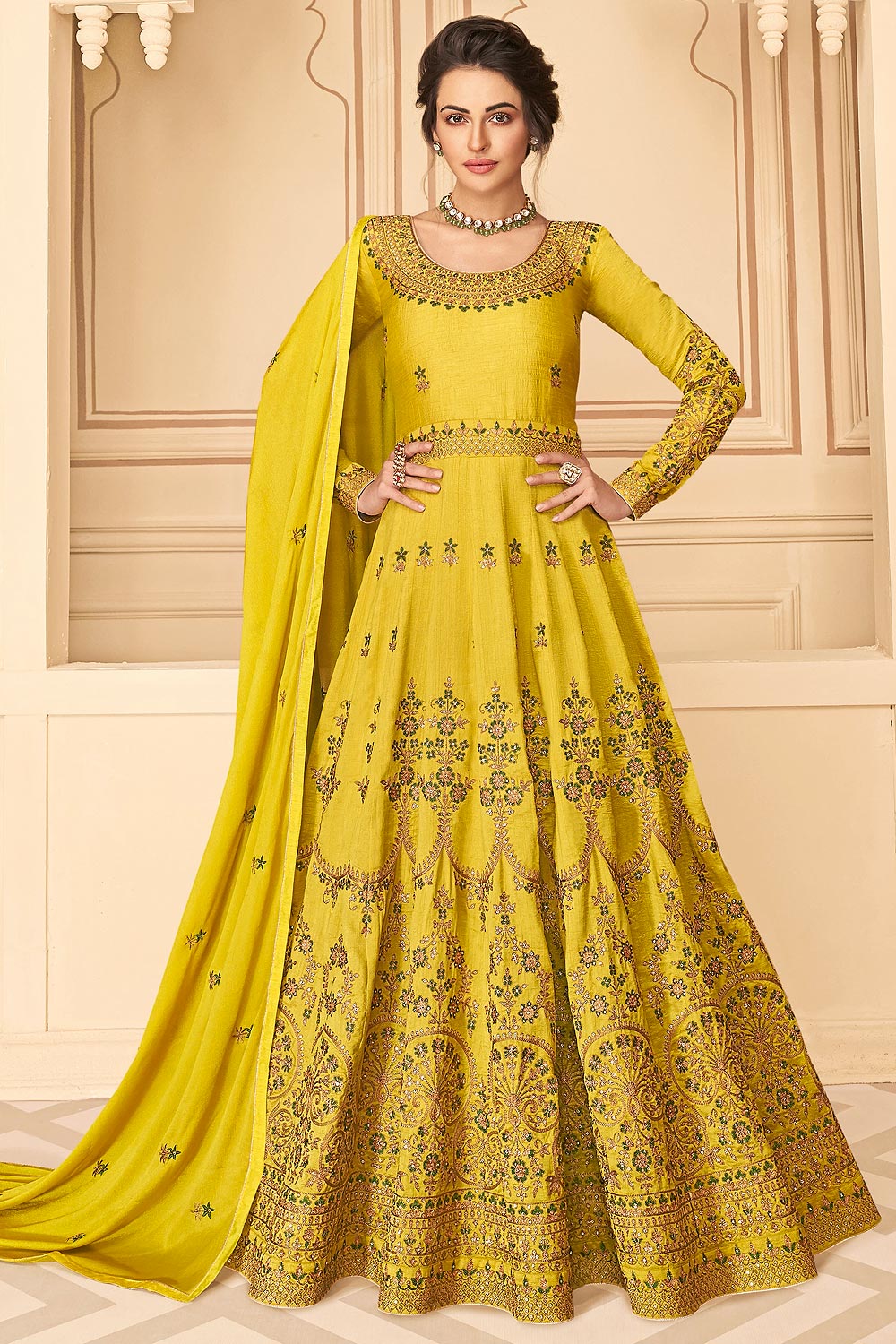 Silk Anarkali Suit with Floral Zari Embroidery