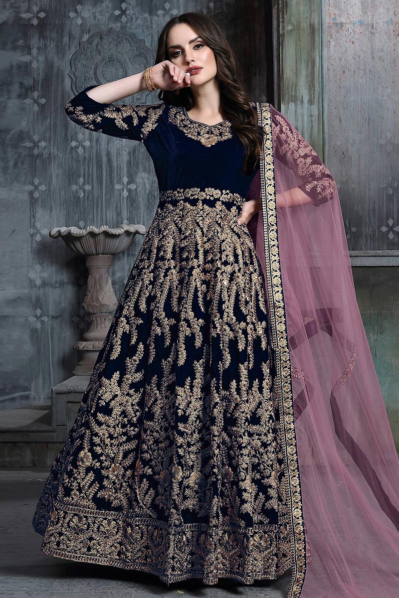 Buy Navy Blue Zari Embroidered Velvet 