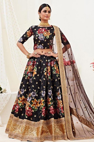 Floral Printed Black Satin Silk Sequin Work Lehenga Floral Printed Black Satin Silk Sequin Work Lehenga