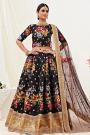 Floral Printed Black Satin Silk Sequin Work Lehenga