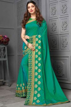 Turquoise Green Silk Embroidered Party Wear Saree