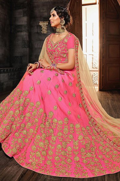 Pink Zari Embroidered Silk Lehenga Choli