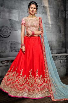 Beautiful Red Zari Embroidered Silk Lehenga Choli