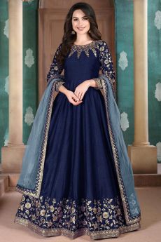 Beautiful Blue Embroidered Anarkali Suit in Silk
