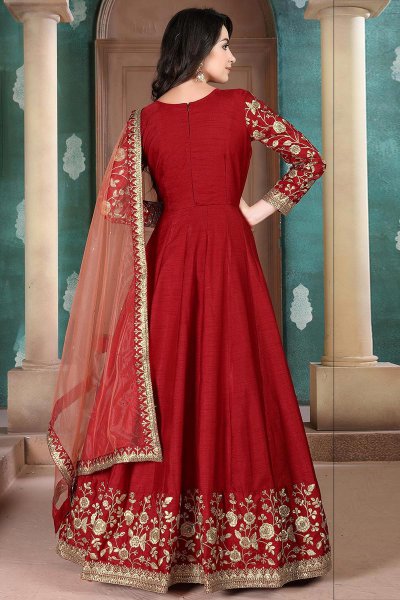 Beautiful Red Embroidered Anarkali Suit in Silk