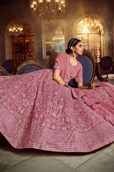 Pink Resham Embroidered Lehenga Choli in Net with Stone Deatiling