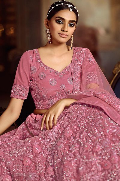 Pink Resham Embroidered Lehenga Choli in Net with Stone Deatiling