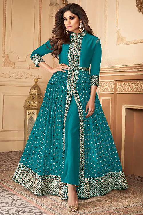 Turquoise Blue Zari Embroidered Anarkali Suit in Georgette with Dupatta
