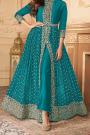Turquoise Blue Zari Embroidered Anarkali Suit in Georgette with Dupatta