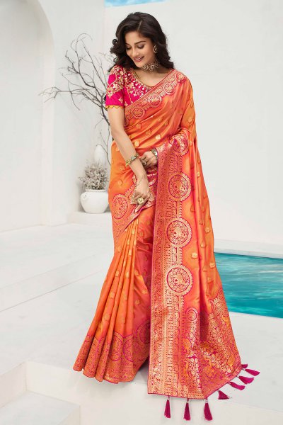 Orange Banarasi Silk Weaved Saree