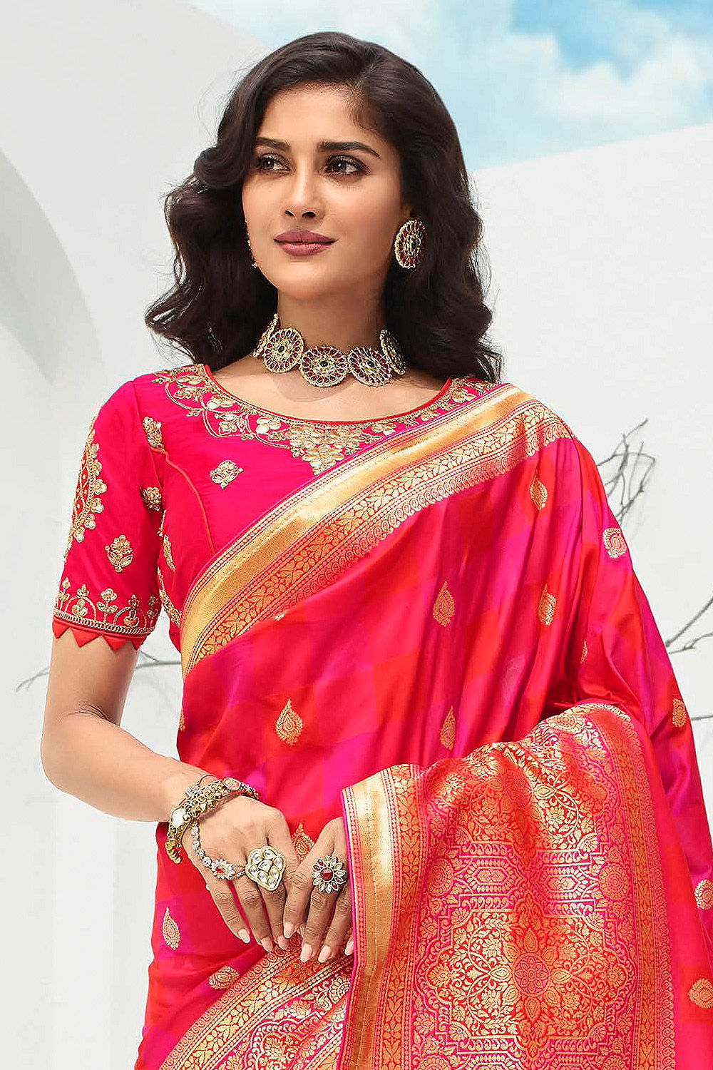 Buy Pink Banarasi Silk Weaved Saree Online | Like A Diva