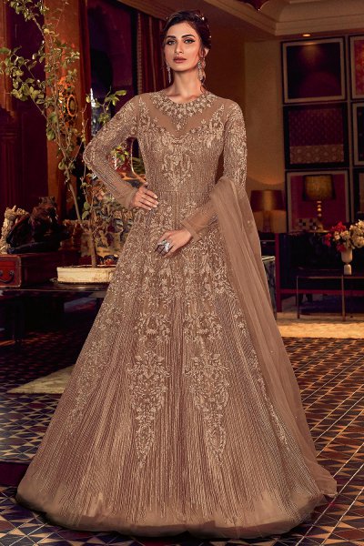 Beige Embellished Indian Designer Anarkali Gown
