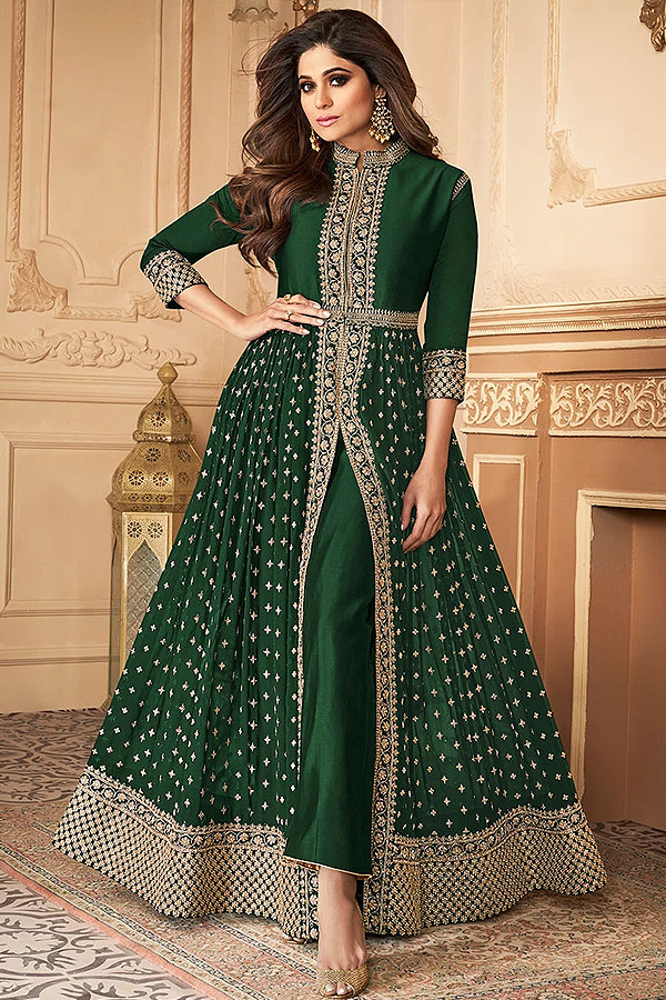 Bottle Green Zari Embroidered Anarkali Suit in Georgette with Dupatta