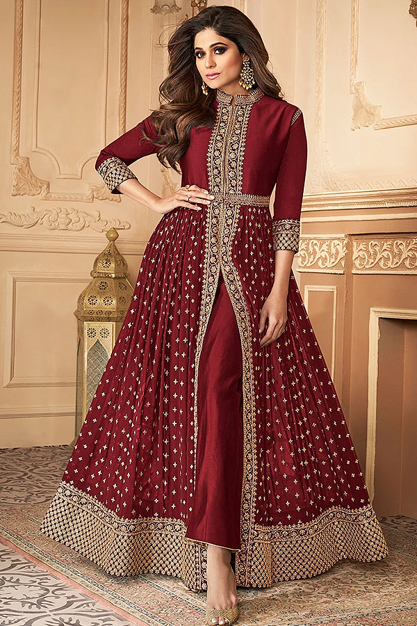 maroon colour long frocks