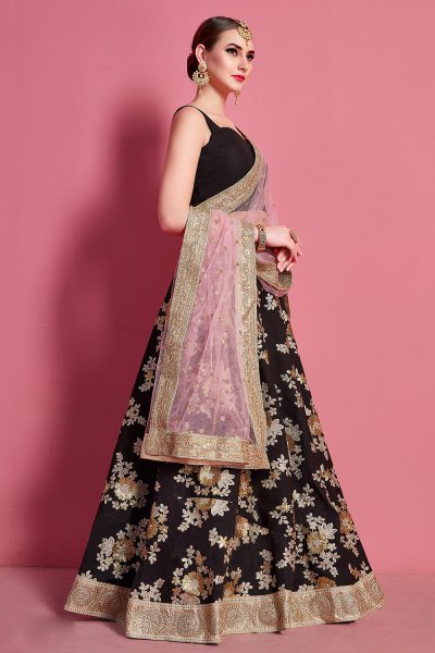 Black Silk Lehenga Choli with Floral Zari & Sequin Work With Baby Pink Net Dupatta