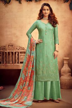 Pastel Green Intricate Embroidered Chinon Palazzo Suit