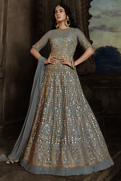 Beautiful Steel Blue Embroidered Anarkali Suit in Net