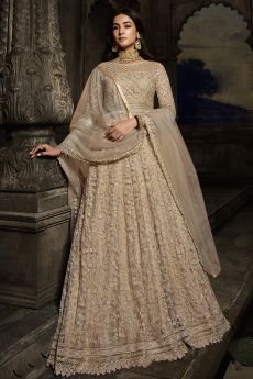 Beige Resham Embroidered Anarkali suit with Stone Detailing