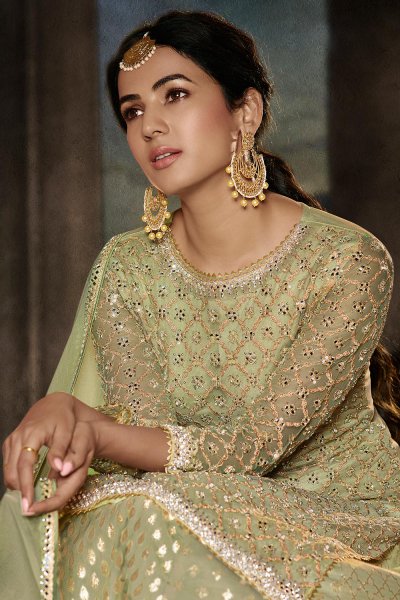 Kiwi Green Embroidered Sharara Suit in Net