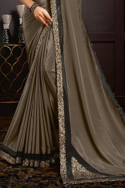 Mocha Brown Party Wear Sequins Embellished Saree & Blouse