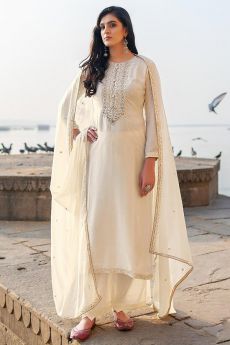 Off- White Hand Embroidered Cotton Silk Palazzo Suit