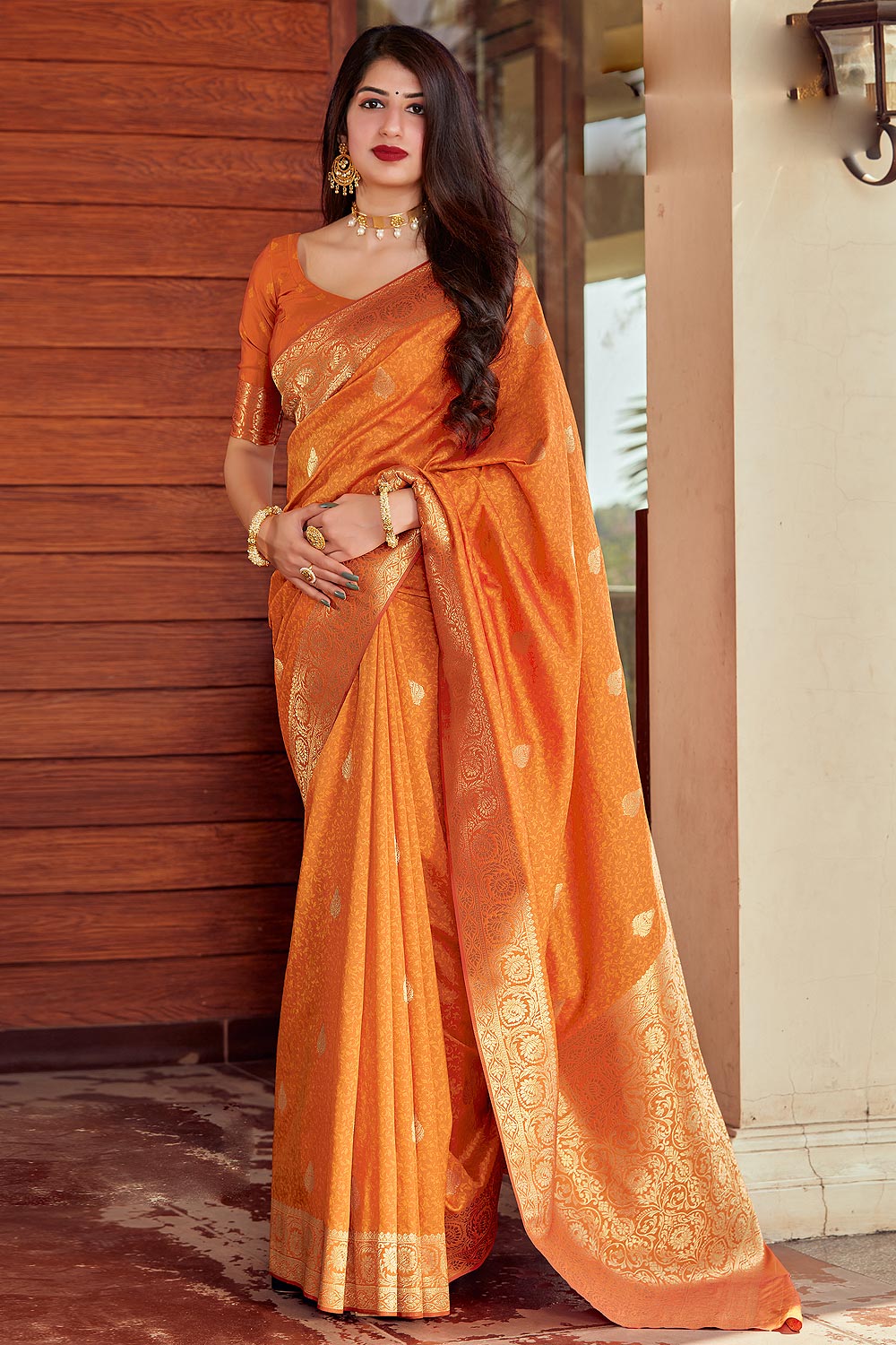 Buy Orange Banarasi Silk Saree Online | Like A Diva