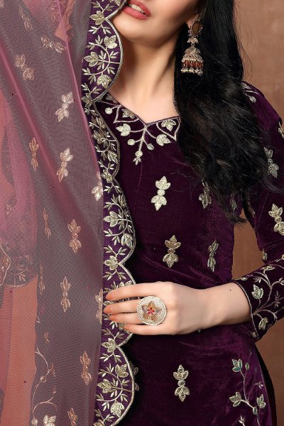 Purple Zari Embroidered Salwar Kameez with Net Dupatta