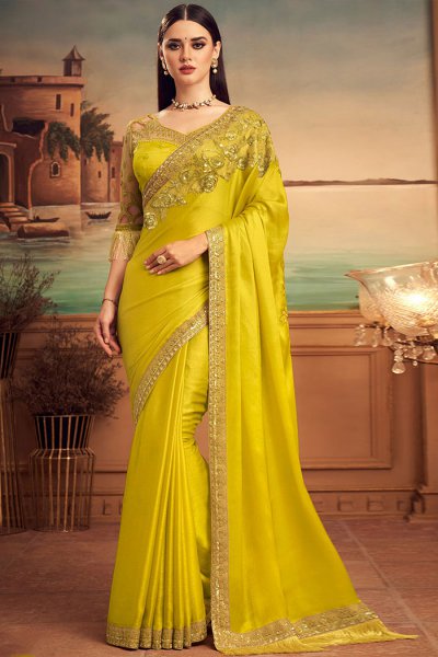 Buy Lemon Yellow Designer Silk Saree 