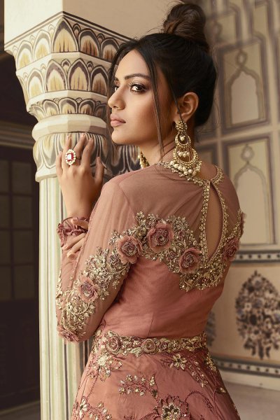 Rose Taupe Silk Zari Embroidered Anarkali Suit
