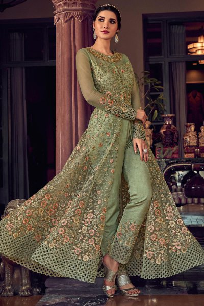 Dark Sage Green Floral Embroidered Net Anarkali Suit with Lehenga/Pants