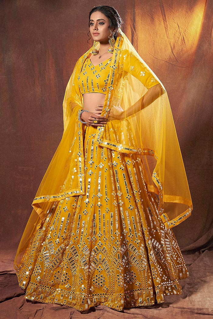 Buy Yellow Georgette Lehenga Choli With Mirror Embellishments Online ...