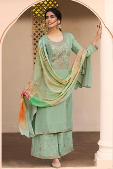 Ready to Wear Mint Green Pure Silk Zari Embroidered Palazzo Suit