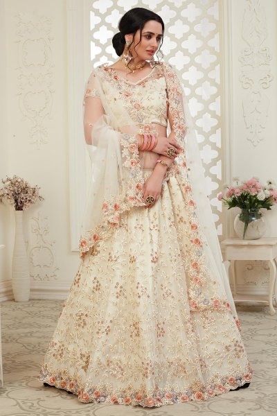 Beautiful Floral Zari Embroidered Indian Lehenga in Net Lined with Silk