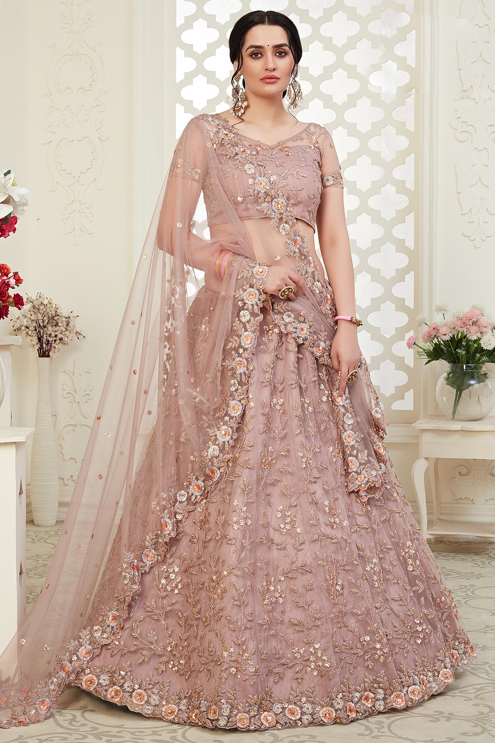 Buy Beautiful Floral Zari Embroidered Indian Lehenga In Net Lined With Silk Online Like A Diva
