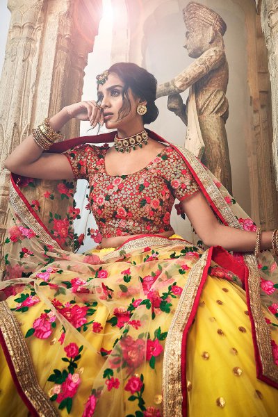 Yellow Net Lehenga Choli with Floral Embroidery