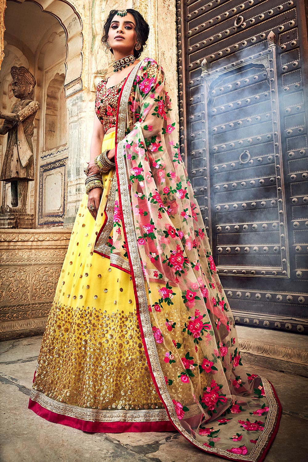 Buy Yellow Net Lehenga Choli With Floral Embroidery Online | Like A Diva