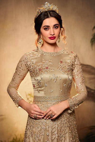 Beige Resham Embroidered Anarkali Suit in Net