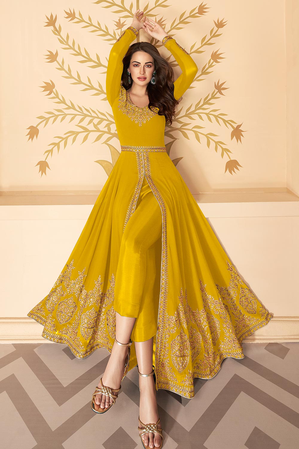 Dazzling Yellow Zari Embroidered Georgette Anarkali Suit with Dupatta