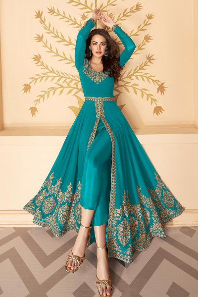 Buy Dazzling Blue Zari Embroidered Georgette Anarkali Suit With Dupatta  Online | Like A Diva
