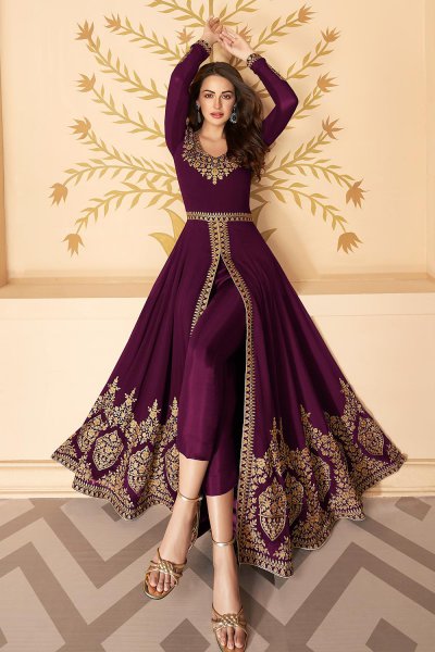 Dazzling Plum Embroidered Georgette Anarkali Suit with Dupatta