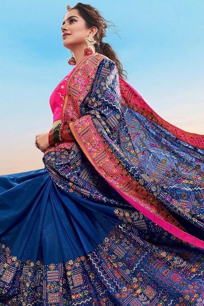 Royal Blue Kutch Hand Embroidered Satin Silk Saree