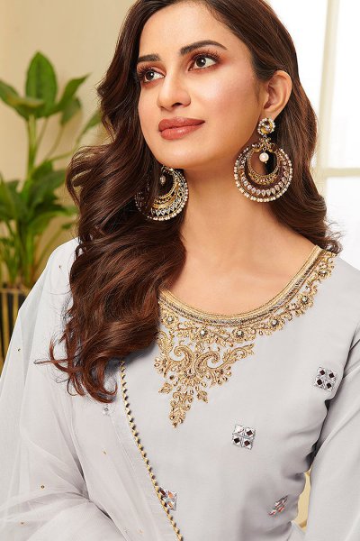Grey Resham Embroidered Georgette Sharara Suit with Gota Work