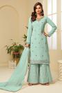 Mint Resham Embroidered Georgette Sharara Suit with Gota Work